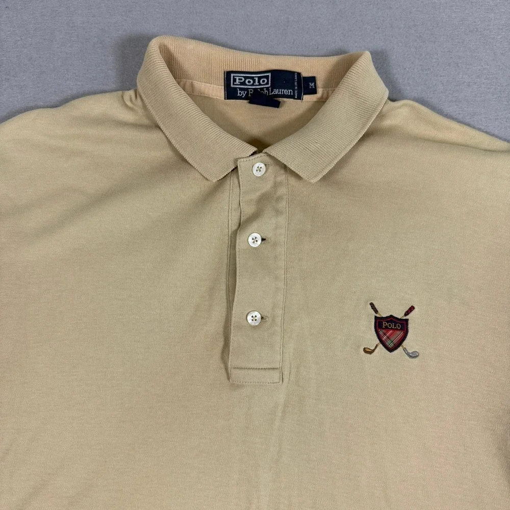 Vintage Polo Ralph Lauren Mens Polo Shirt M Tan‎ Cotton Crest Logo Short Sleeve